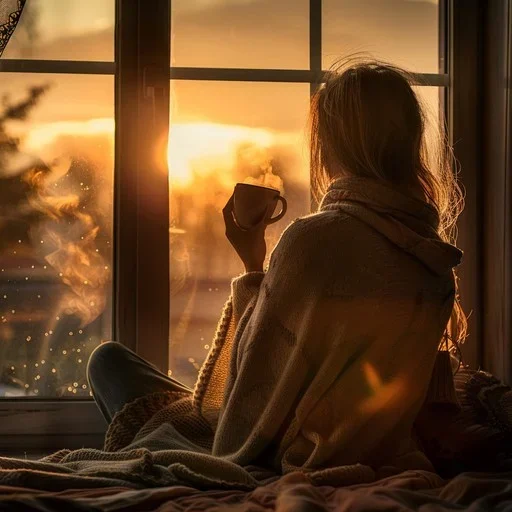 Person wrapped in a blanket holding a warm cup at sunrise, representing gentleness and self-compassio in therapy for OCD and eating disorder