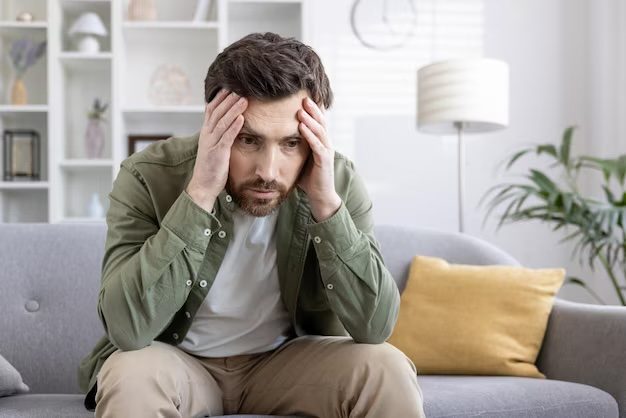 Man sitting holding his head in distress, representing the experience of anxiety and stress that psychotherapy can help with in Horsham